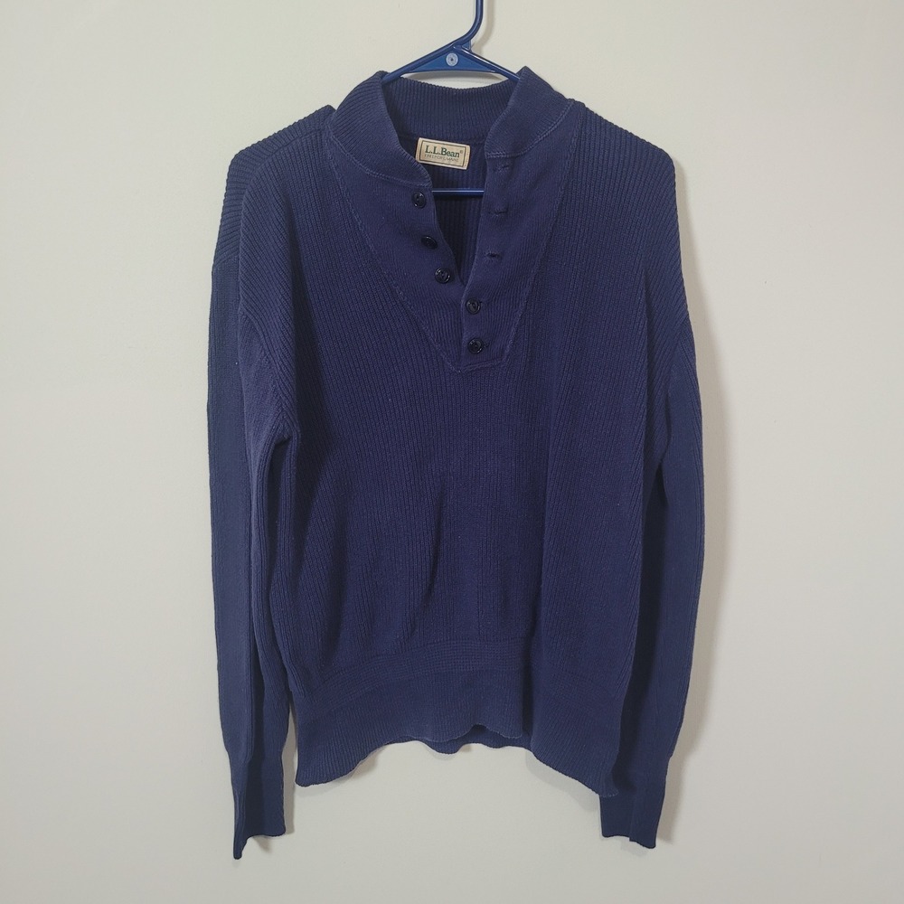 LL Bean Large Henley Sweater Mens Navy Blue Ribbed Cotton Made in USA Vintage